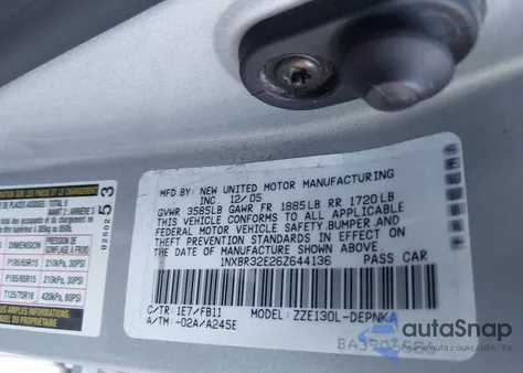 2006 Toyota Corolla Le from USA, damaged, VIN 1NXBR32E26Z644136